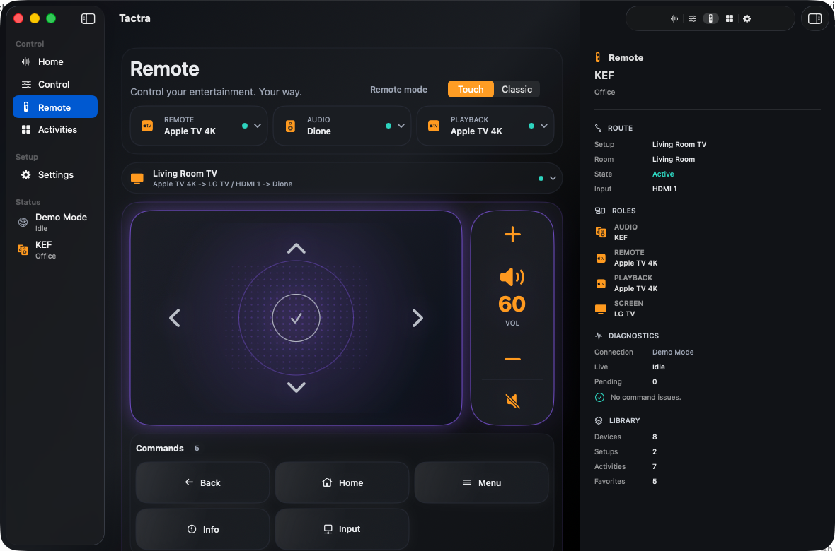 Tactra Remote screen on Mac with separate remote, audio, and playback targets
