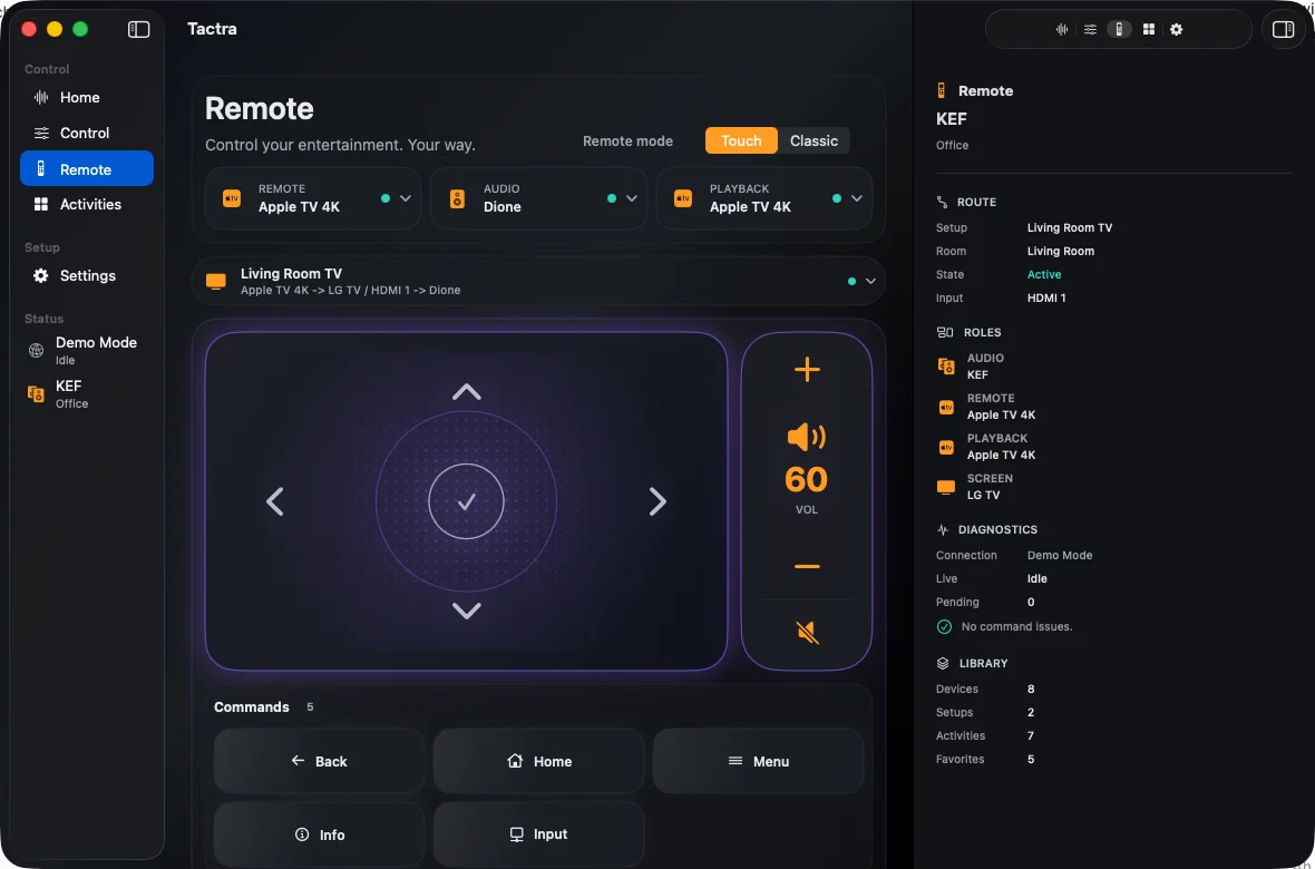 Tactra Remote sur Mac avec des cibles distinctes pour la télécommande, l’audio et la lecture